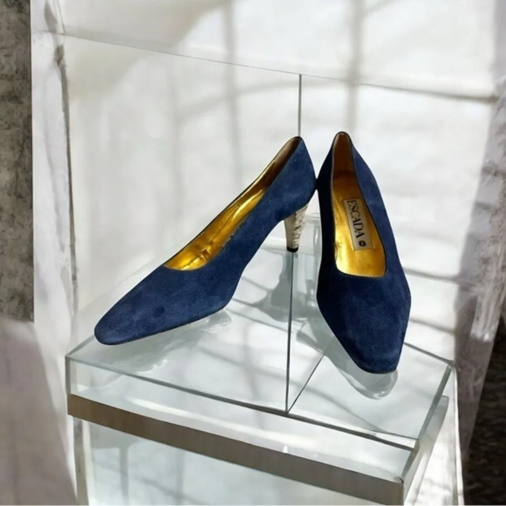 Vintage ESCADA Blue Suede Silver Heel Pumps Women’s Size 37 Italy 1990s